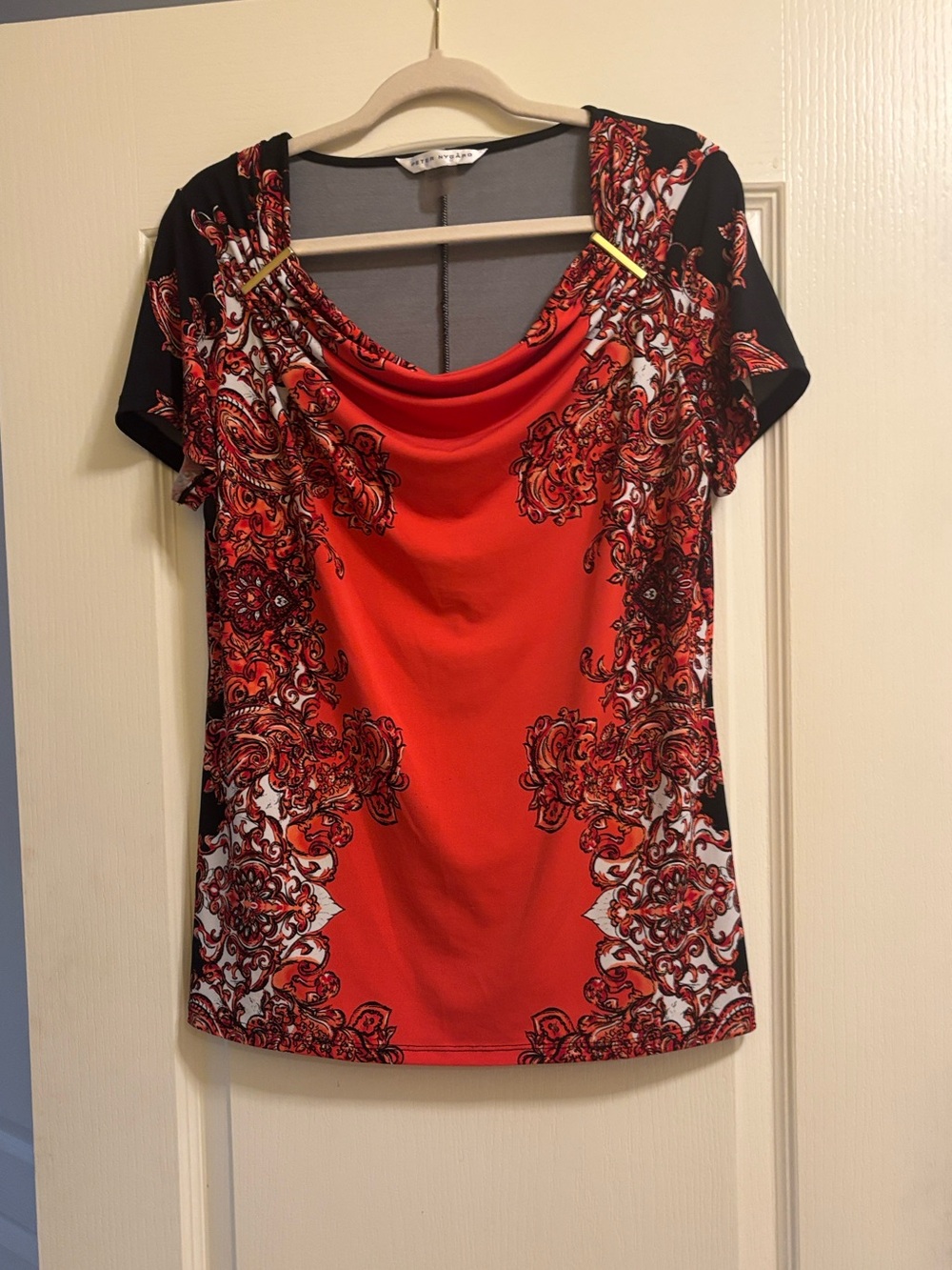 Peter Nygard Red and Black Printed Draped Neck Short Sleeve Top